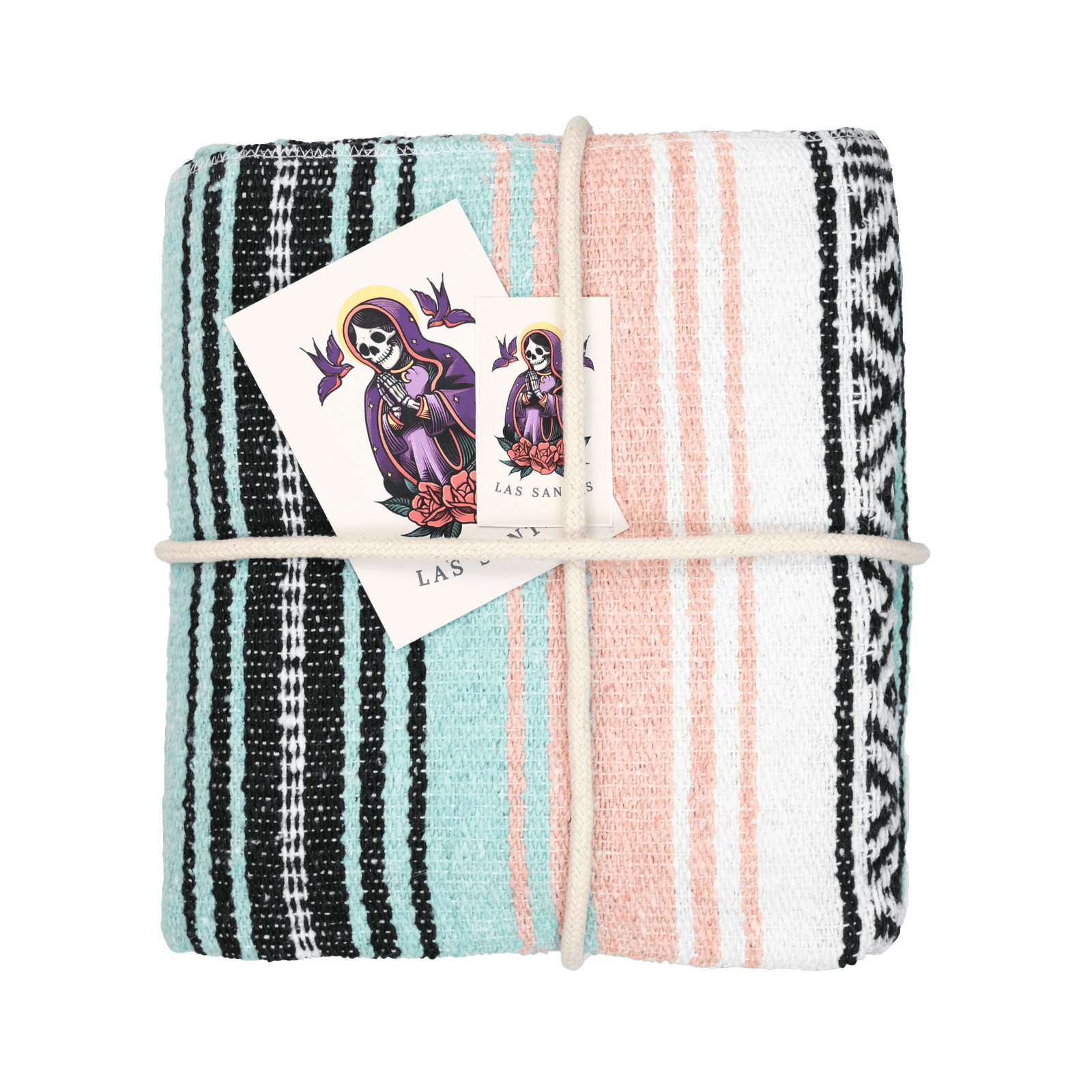 Plaid mexicain Falsa artisanal rose pale et vert turquoise avec nuances de blanc et noir, modèle Chuchotements du Jardin, vue de haut, disponible chez Las Santas