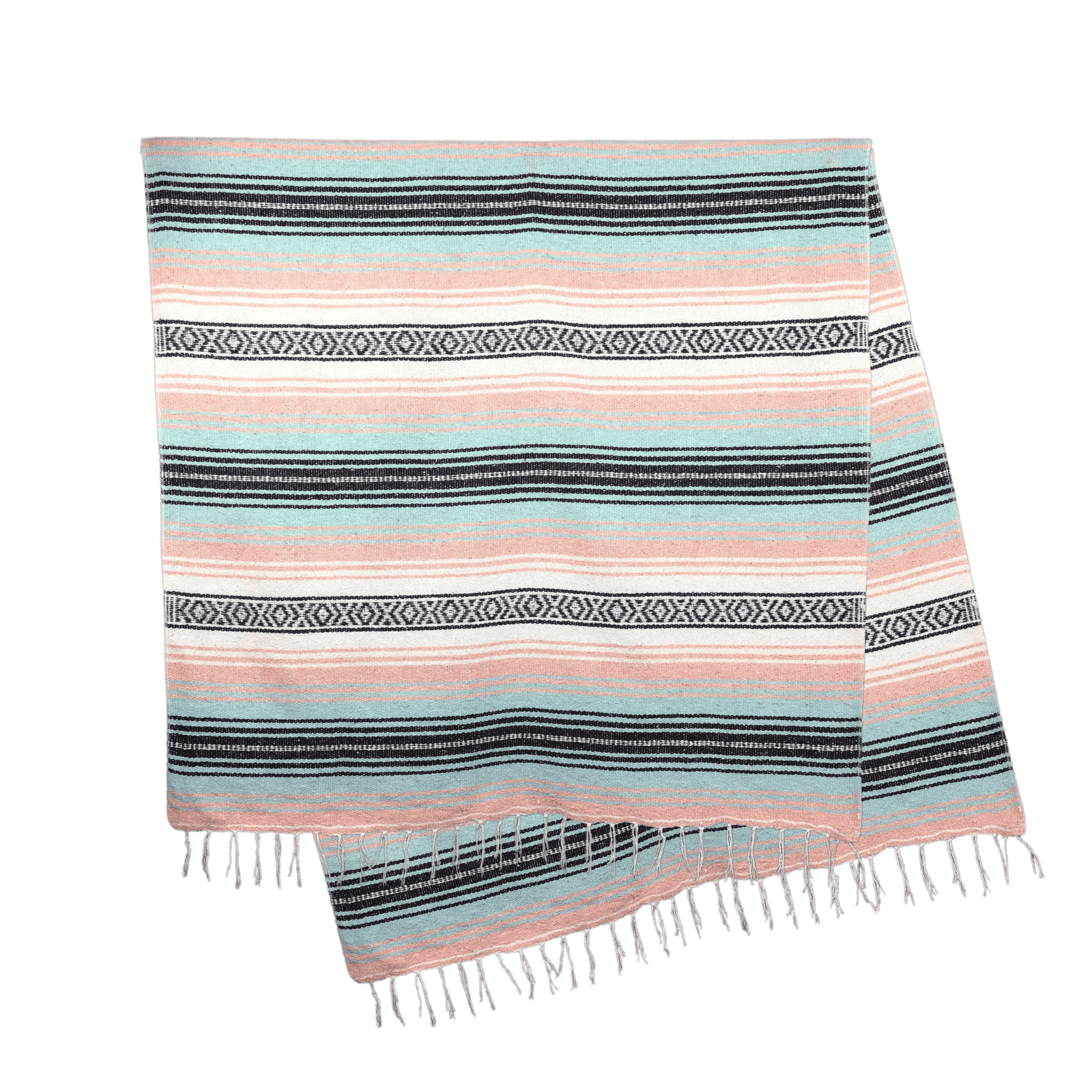 Plaid mexicain Falsa artisanal rose pale et vert turquoise avec nuances de blanc et noir, modèle Chuchotements du Jardin, vue entier, disponible chez Las Santas