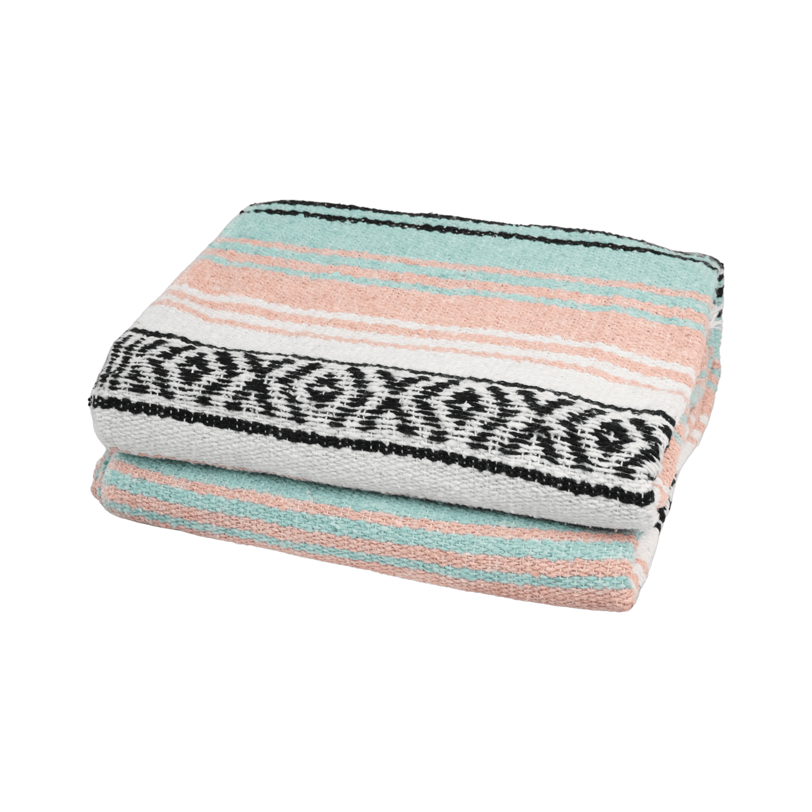 Plaid mexicain Falsa artisanal rose pale et vert turquoise avec nuances de blanc et noir, modèle Chuchotements du Jardin, vue de trois quart, disponible chez Las Santas