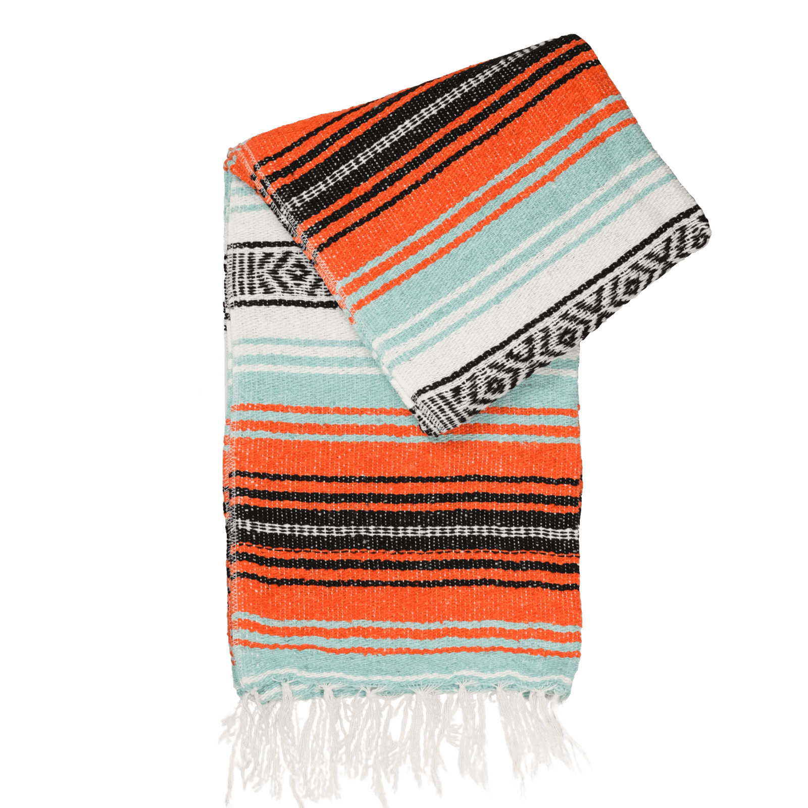 Plaid mexicain Falsa artisanal orange vif et vert pastel avec nuances de blanc et noir, modèle Cocktail de fruits, vue de face, disponible chez Las Santas