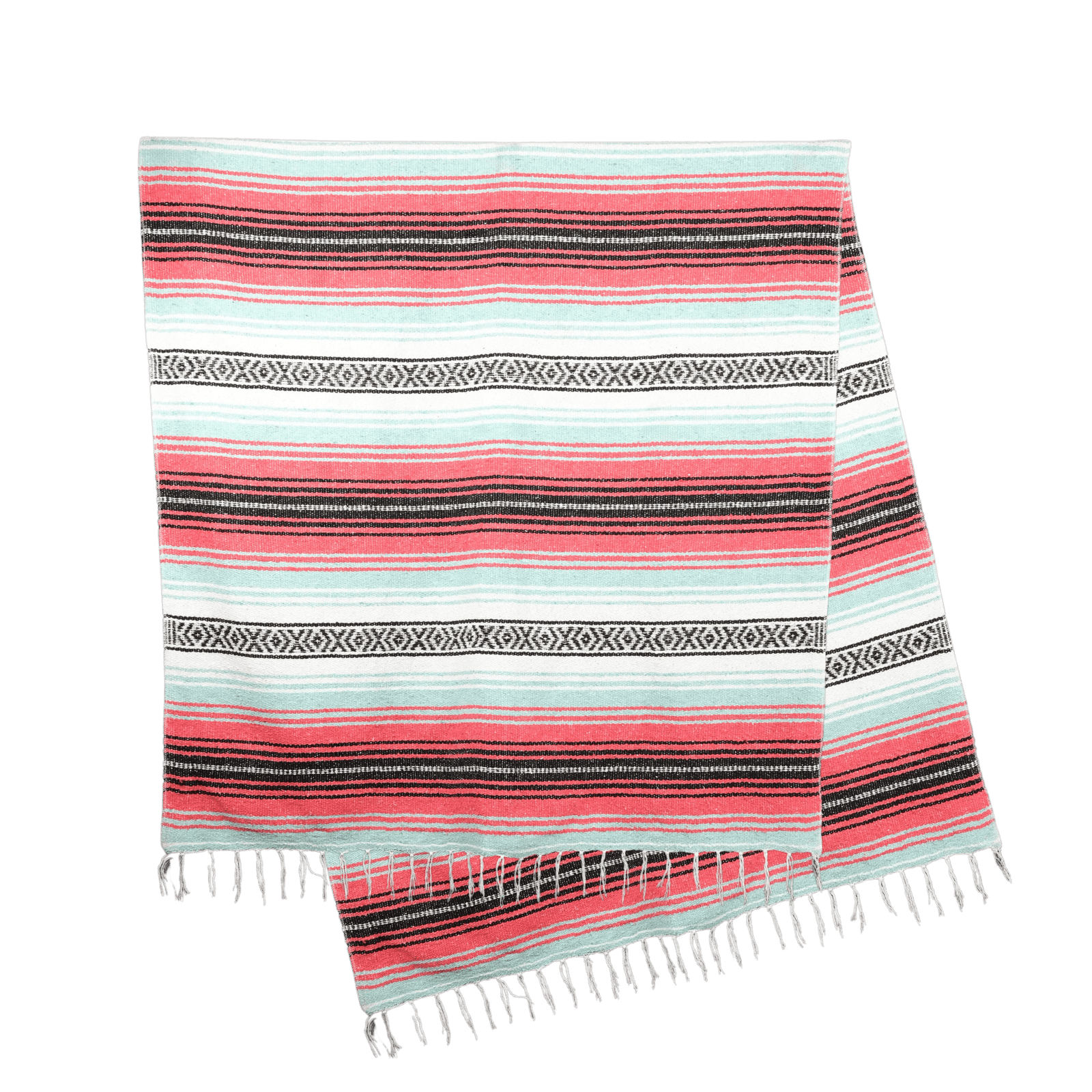 Plaid mexicain Falsa artisanal rose vif avec du vert pastel avec nuances de blanc et noir, modèle Corail-Oceanique, vue entier, disponible chez Las Santas