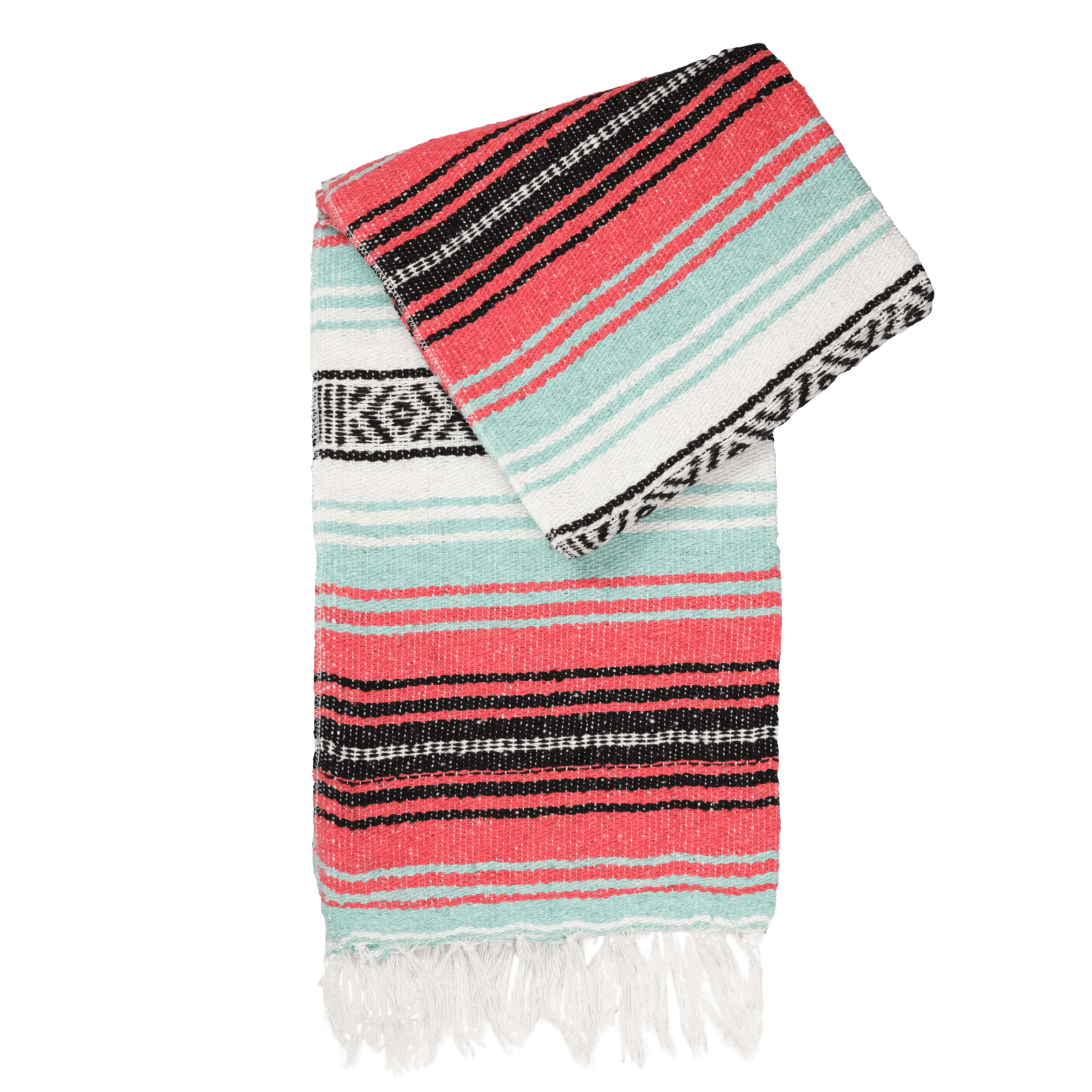 Plaid mexicain Falsa artisanal rose vif avec du vert pastel et des nuances de blanc et noir, modèle Corail Oceanique, vue de face, disponible chez Las Santas