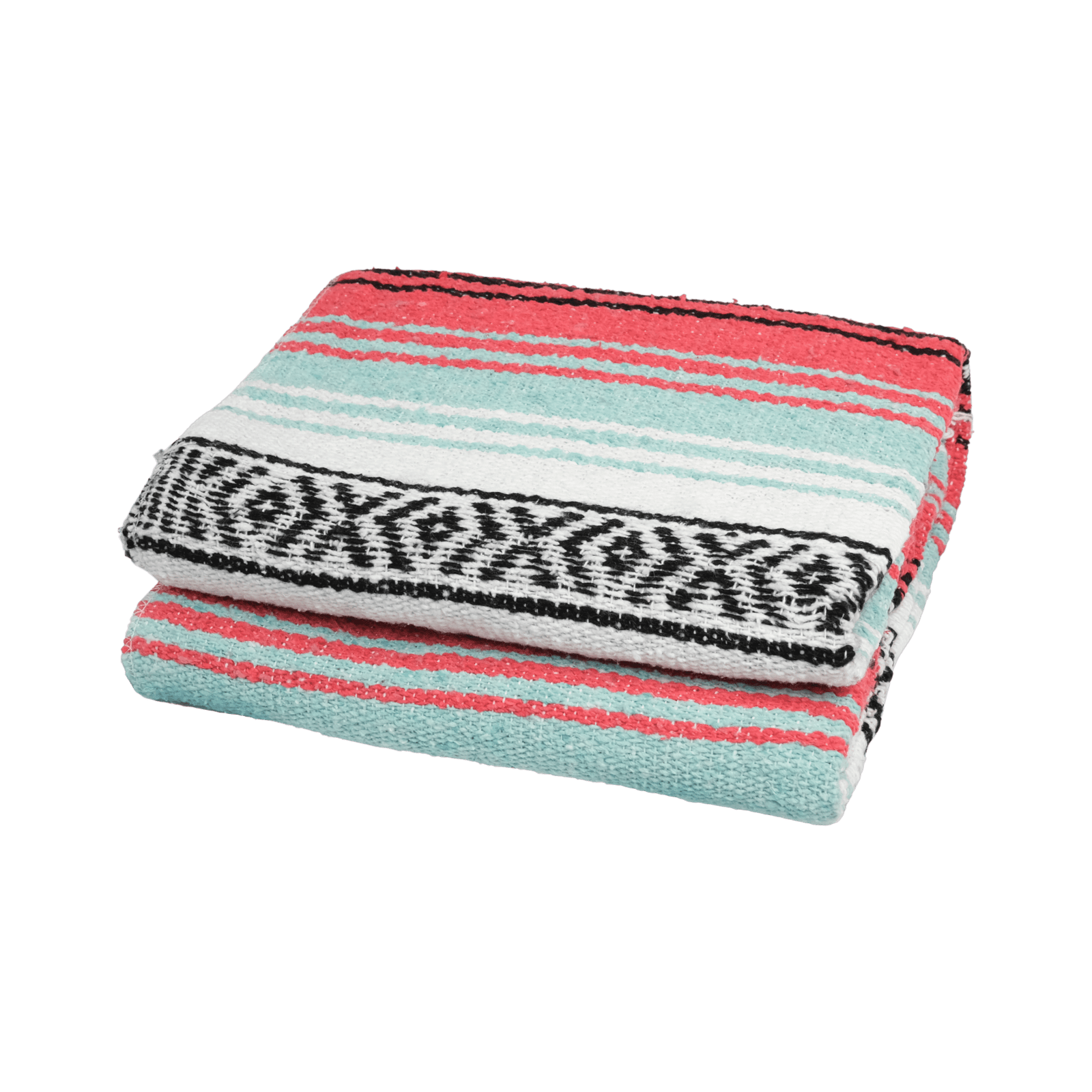 Plaid mexicain Falsa artisanal rose vif et vert pastel avec nuances de blanc et noir, modèle Corail Oceanique, vue de trois quart, disponible chez Las Santas